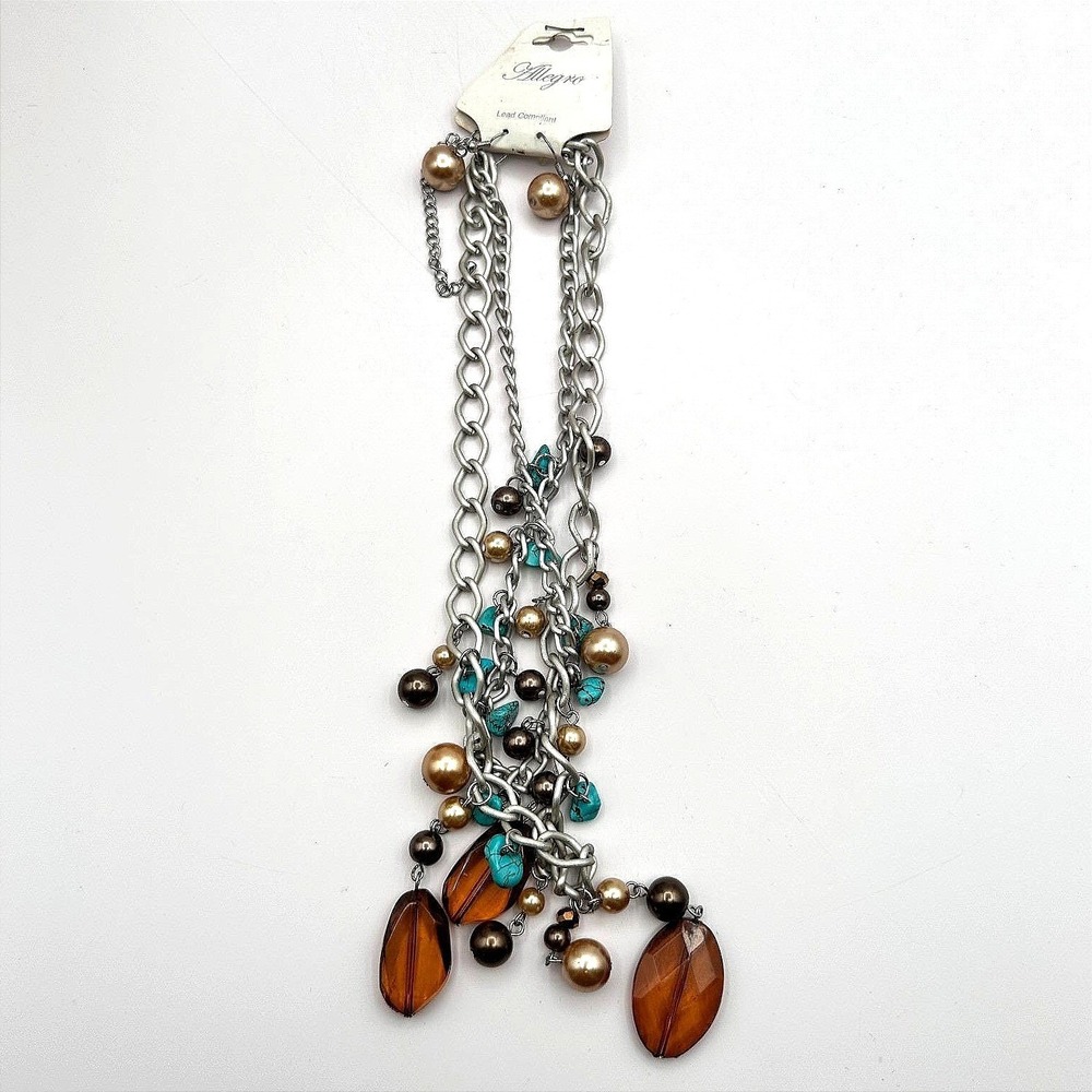 Vintage 90s Allegro Silver Tone Faux Pearl Glass Turquoise Necklace Earrings Set